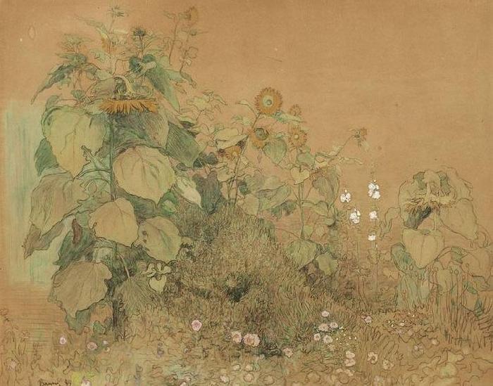 Paul Baum Gartenstuck mit grober und kleineren Sonnenblumen, Malven und anderen Blumen oil painting image